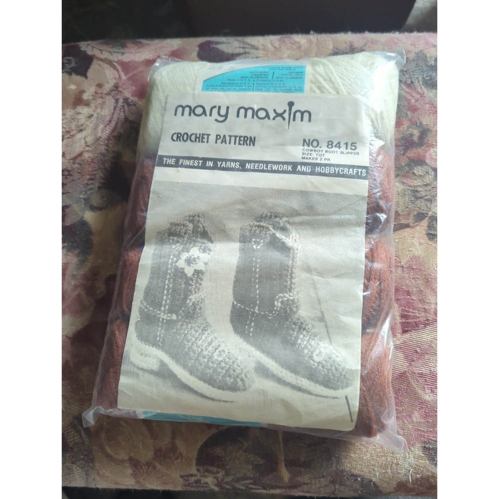 Vintage Mary Maxim Crochet Kit 8415 Cowboy Boot Slippers Size Toddler NOS